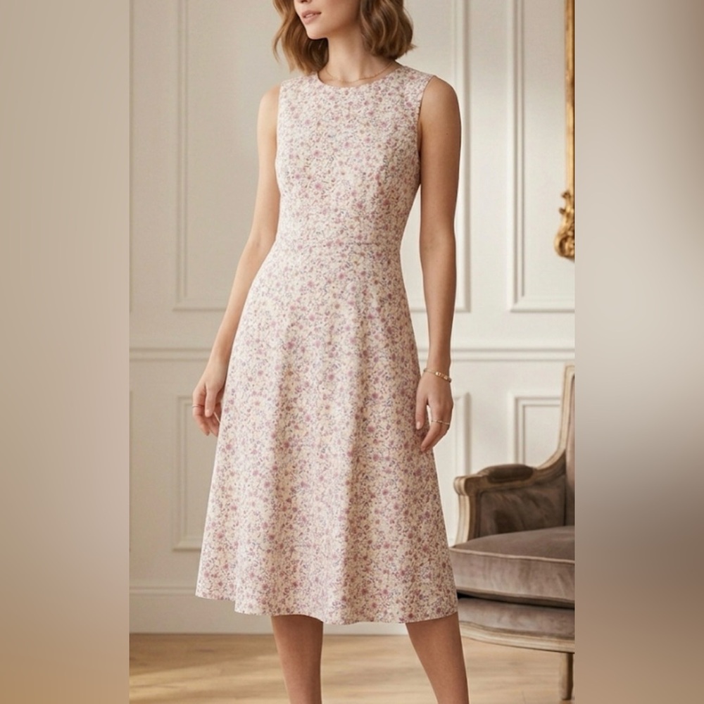 Draper James Floral Fit and Flare‎ Midi Dress White Pink Sleeveless Size 0